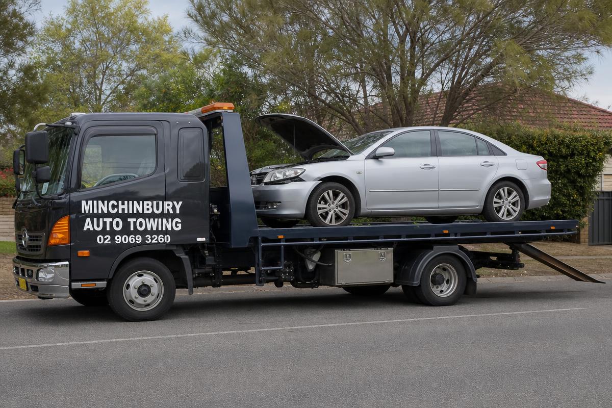 Car being loaded onto a Minchinbury Auto Towing tilt tray tow truck